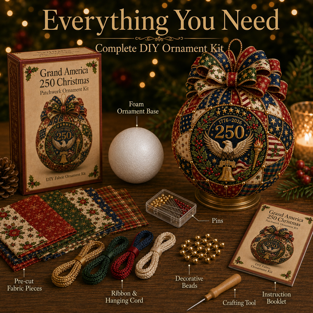 ❤️Beginner-Friendly🎄 USA 250th Anniversary Christmas Patchwork Ornament DIY Kit
