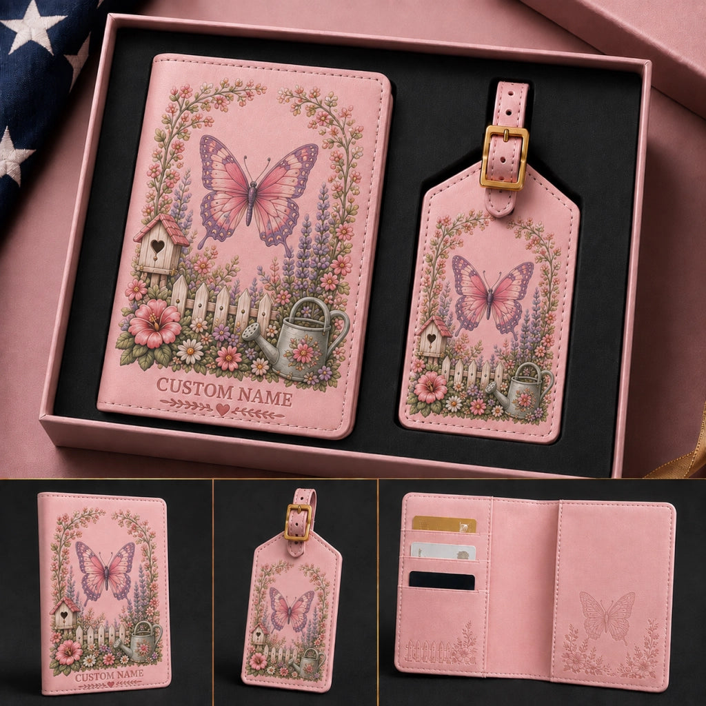 Pink Theme Personalized Garden Passport Holder & Luggage Tag Set
