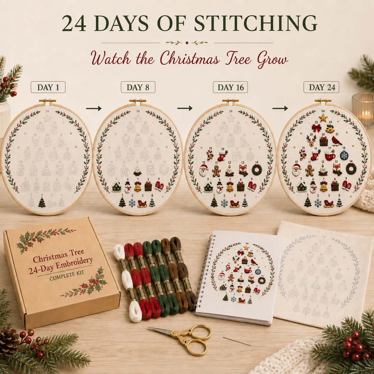 🎄Beginner-Friendly 24-Day Christmas Tree Embroidery Kit