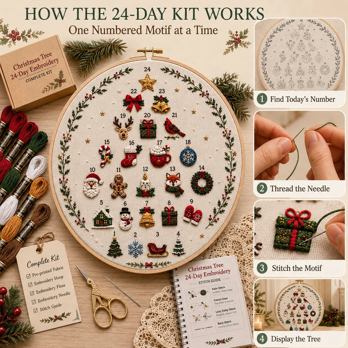 🎄Beginner-Friendly 24-Day Christmas Tree Embroidery Kit