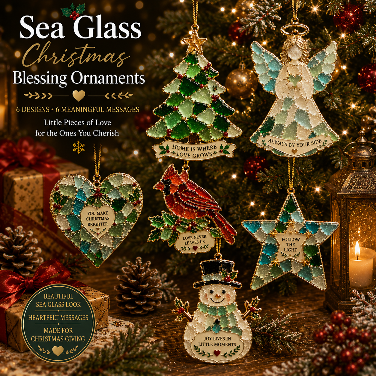 🌊 Sea Glass Christmas Blessing Ornaments – Festive Holiday Keepsake Collection