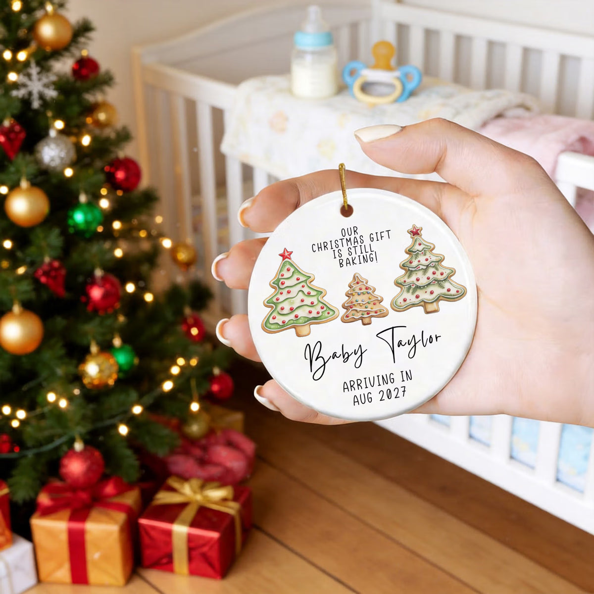 👶🎄Personalized Christmas Tree Cookie Pregnancy Announcement Ornament