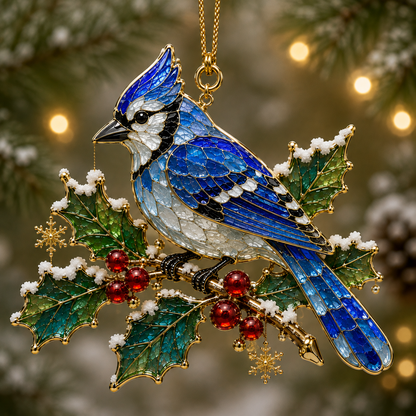 Stained Glass Style Winter Bird Christmas Ornament Collection