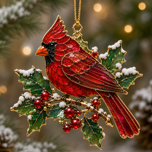 Stained Glass Style Winter Bird Christmas Ornament Collection