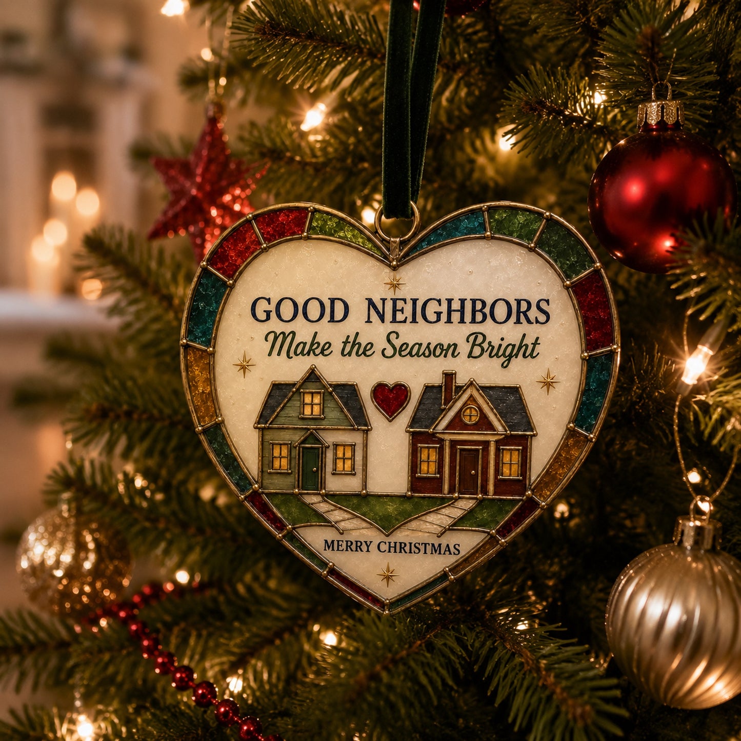 💖 Stained-Glass Style Heart Christmas Ornament – Sentimental Holiday Keepsake with Hanging Ribbon