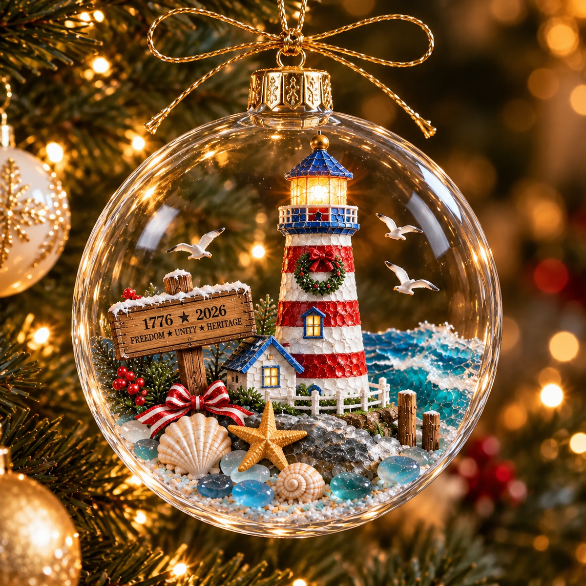 America 250th Anniversary Clear Dome Ornament with Sea Glass Accents