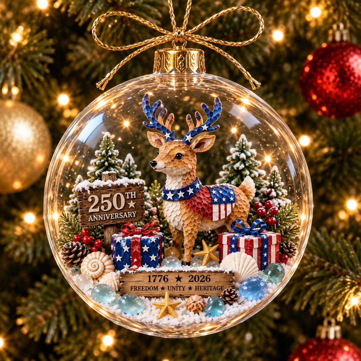 America 250th Anniversary Clear Dome Ornament with Sea Glass Accents
