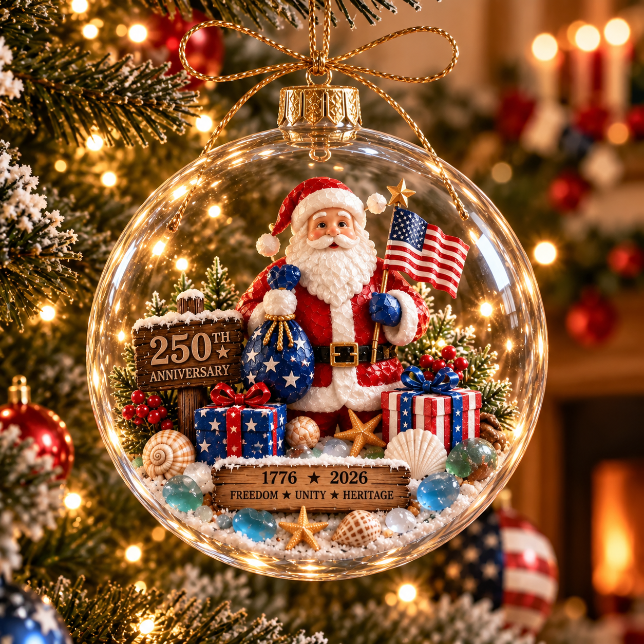 America 250th Anniversary Clear Dome Ornament with Sea Glass Accents