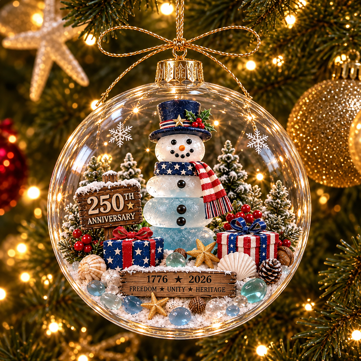America 250th Anniversary Clear Dome Ornament with Sea Glass Accents