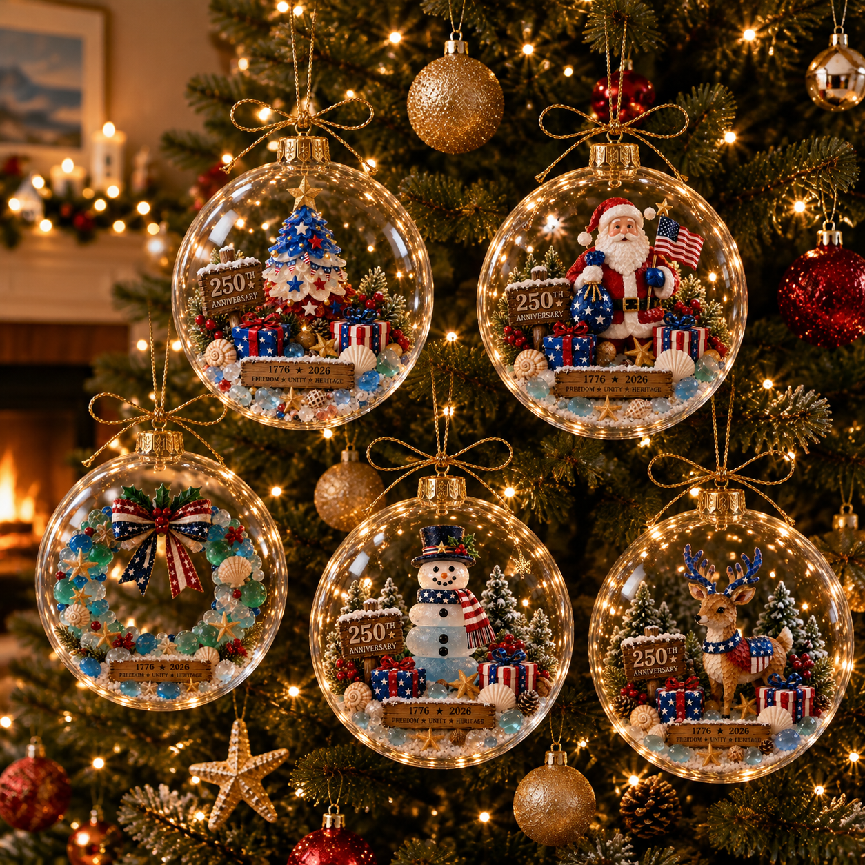 America 250th Anniversary Clear Dome Ornament with Sea Glass Accents