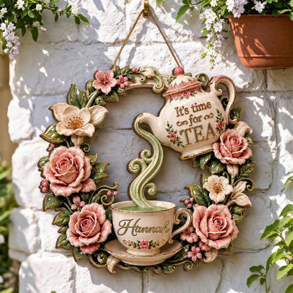 Personalized Vintage Tea Time Wooden Wreath Sign – “It’s Time for Tea” Floral Door Hanger