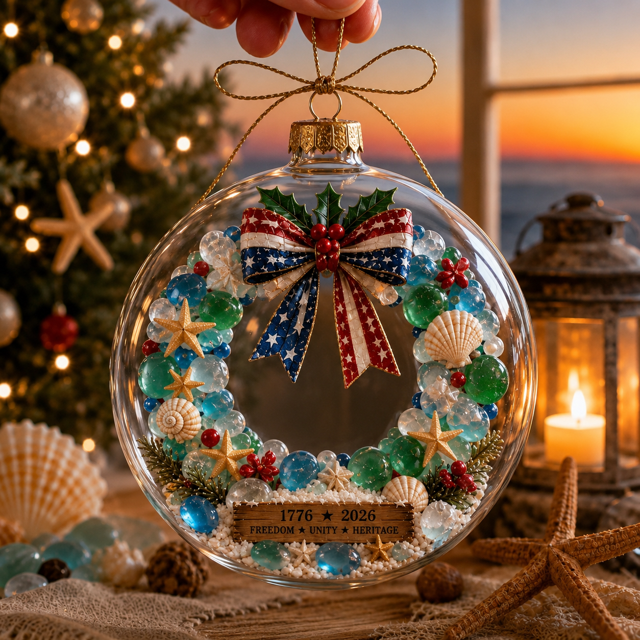 🇺🇸 250th Anniversary Patriotic Coastal Ornament – USA Christmas Hanging Keepsake