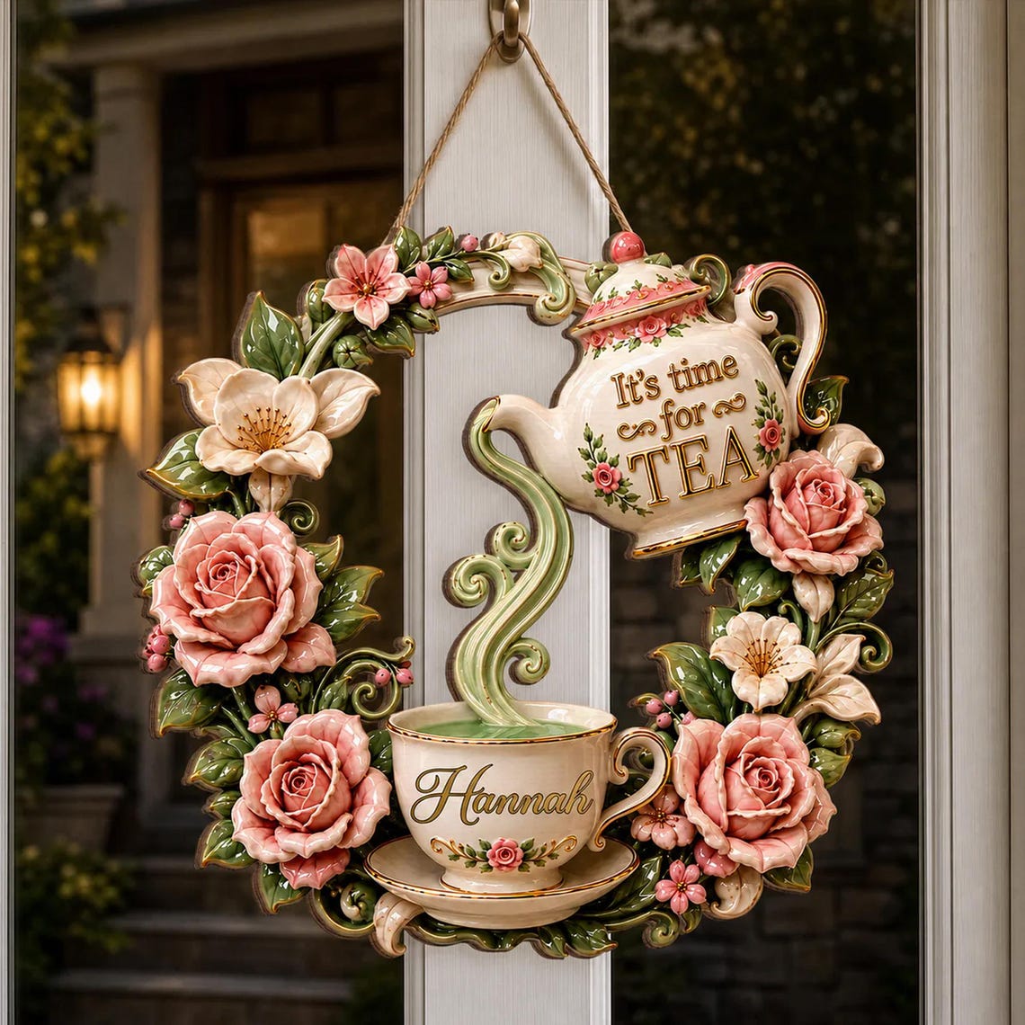 Personalized Vintage Tea Time Wooden Wreath Sign – “It’s Time for Tea” Floral Door Hanger