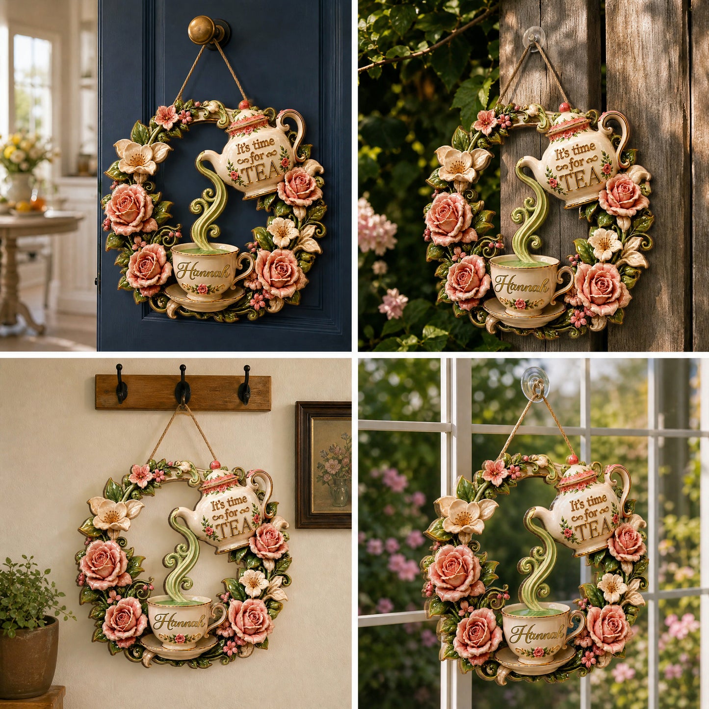 Personalized Vintage Tea Time Wooden Wreath Sign – “It’s Time for Tea” Floral Door Hanger