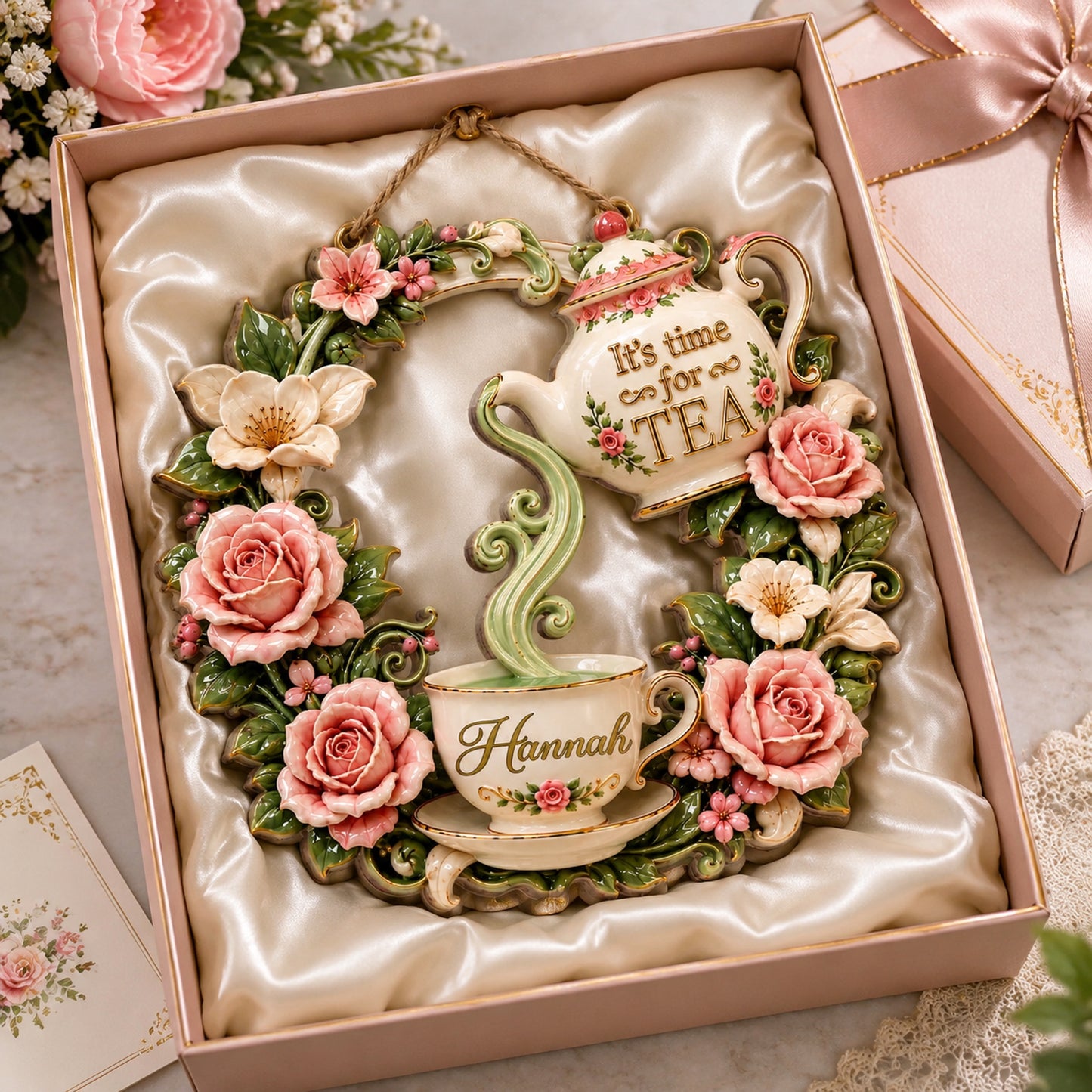 Personalized Vintage Tea Time Wooden Wreath Sign – “It’s Time for Tea” Floral Door Hanger