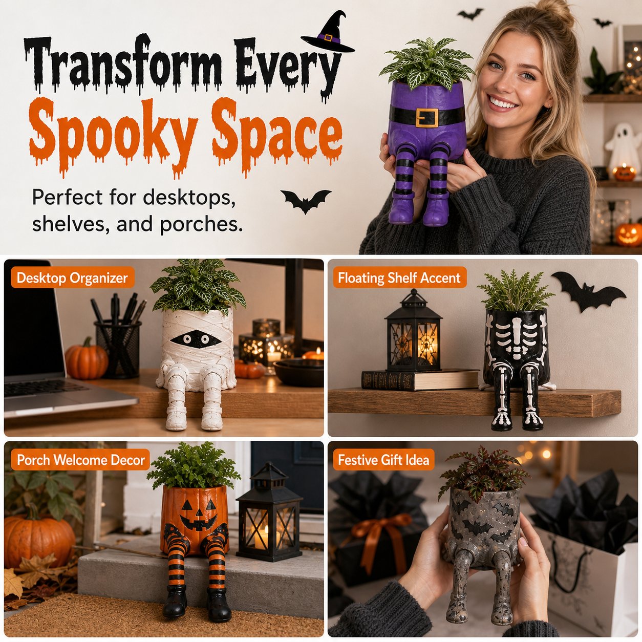 Halloween Whimsical Hanging Leg Planter Hand-Painted Resin Succulent Pot