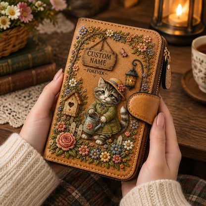 🌿 Personalized Garden Friends Wallet – Custom Name Leather Organizer