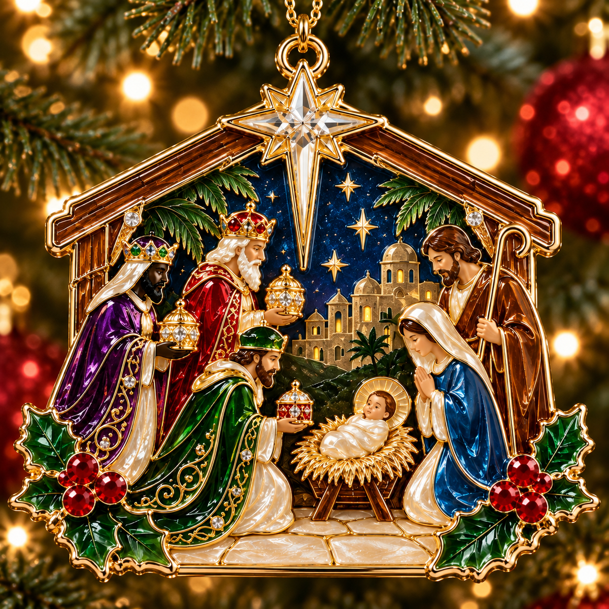 ✨🙏 Nativity Scene Stained Glass Style Ornament