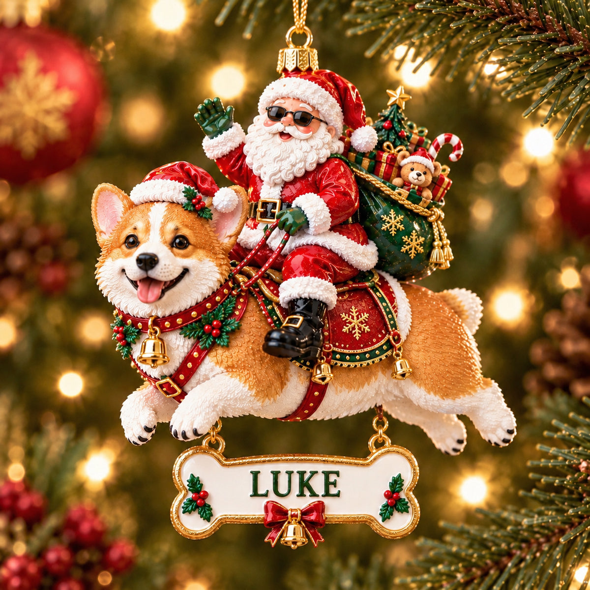 🎅🐾 Personalized Santa on Dog Christmas Ornament – Custom Name Bone Tag&nbsp;