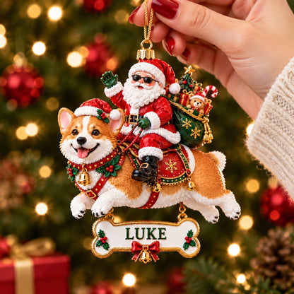🎅🐾 Personalized Santa on Dog Christmas Ornament – Custom Name Bone Tag&nbsp;