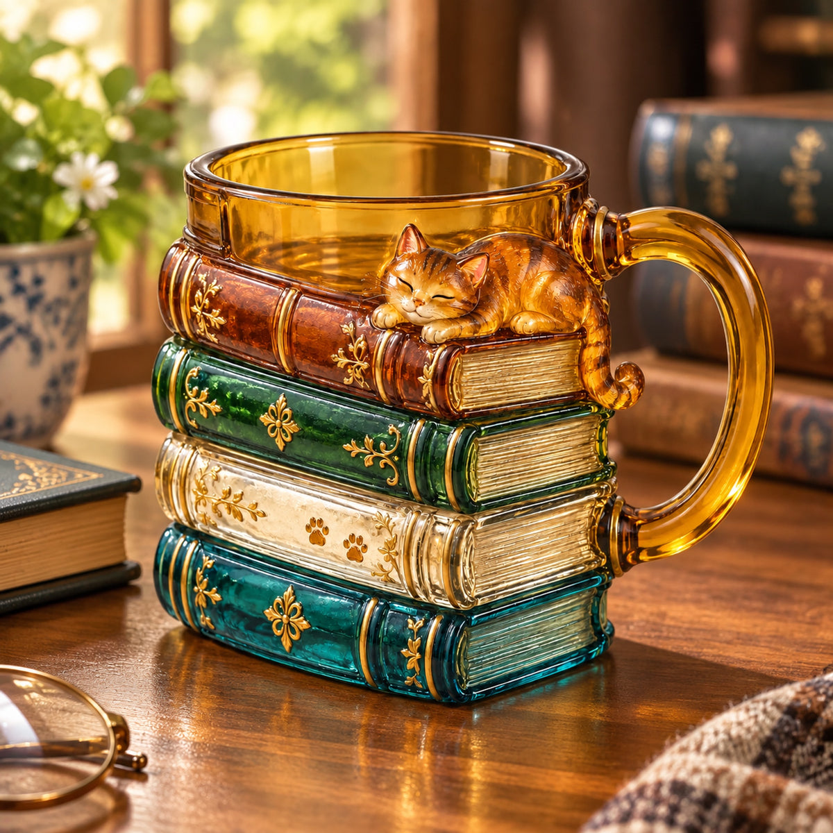 📖🐱 Vintage Book Stack Glass Mug with Sleeping Cat – Whimsical Reading Companion