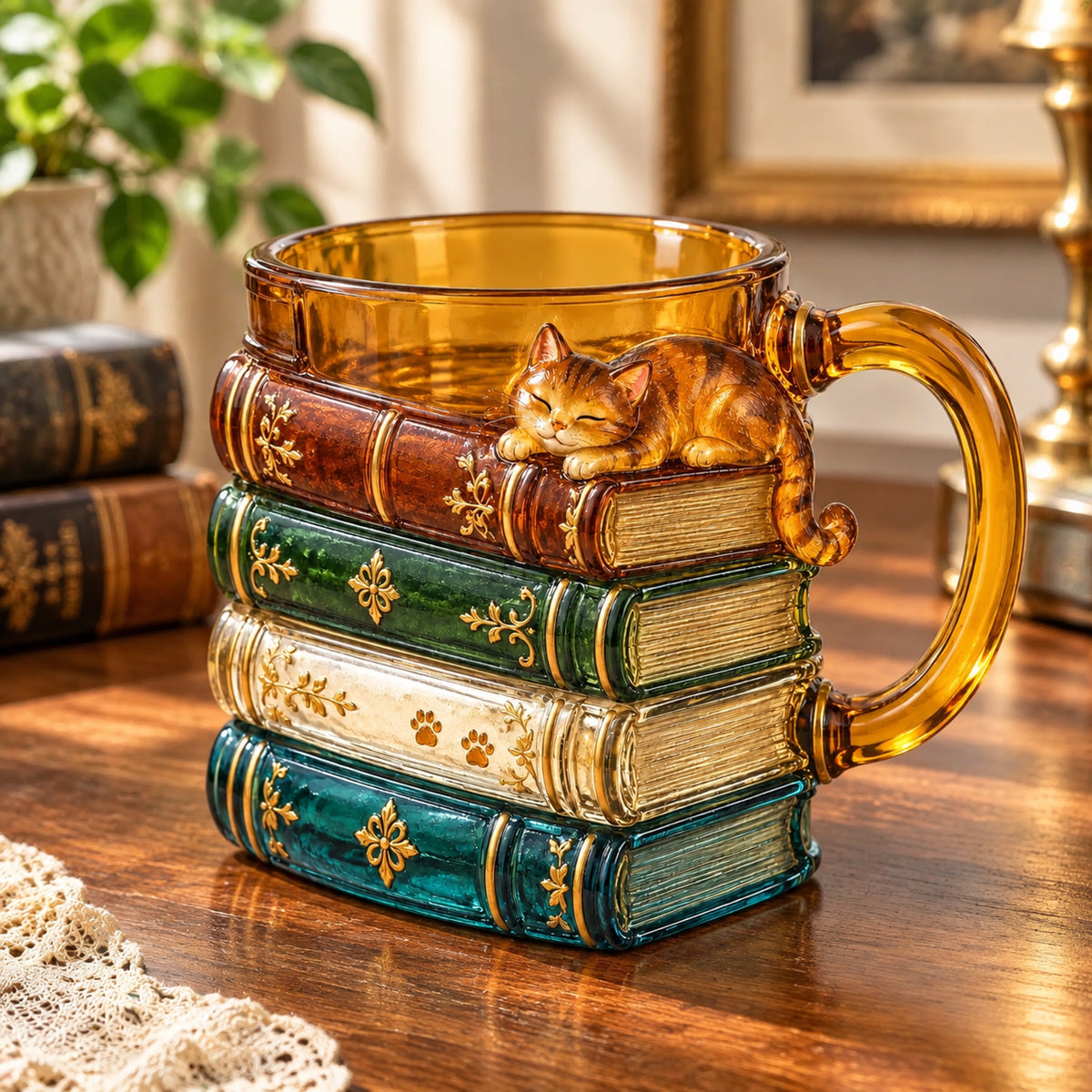 📖🐱 Vintage Book Stack Glass Mug with Sleeping Cat – Whimsical Reading Companion