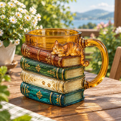 📖🐱 Vintage Book Stack Glass Mug with Sleeping Cat – Whimsical Reading Companion
