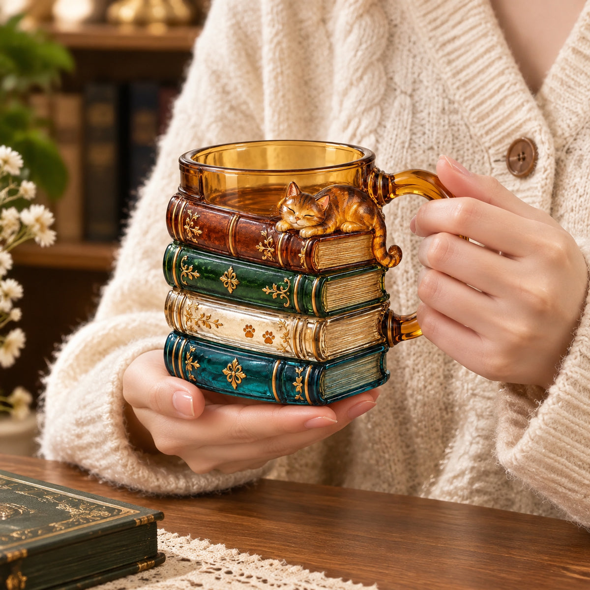 📖🐱 Vintage Book Stack Glass Mug with Sleeping Cat – Whimsical Reading Companion