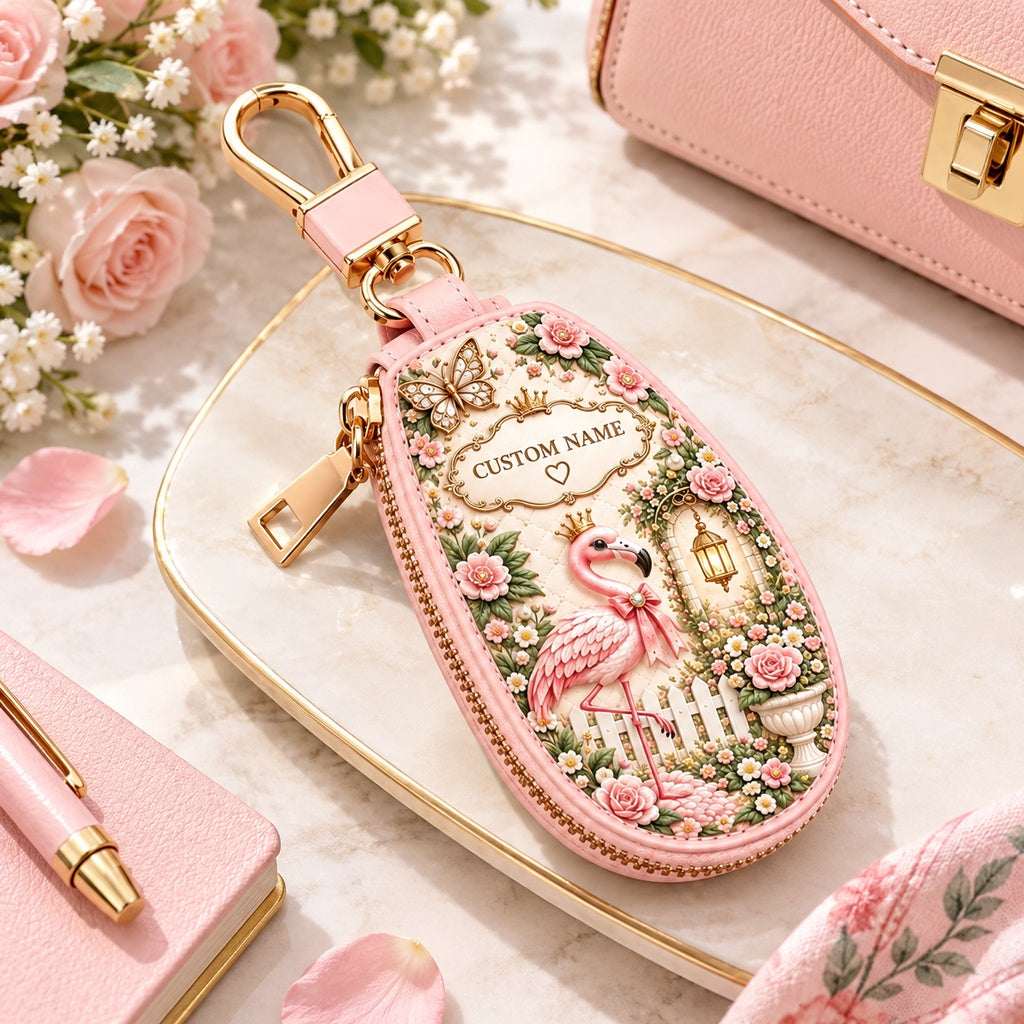 🌸🦩Personalized Floral Flamingo Leather Car Key Fob Cover