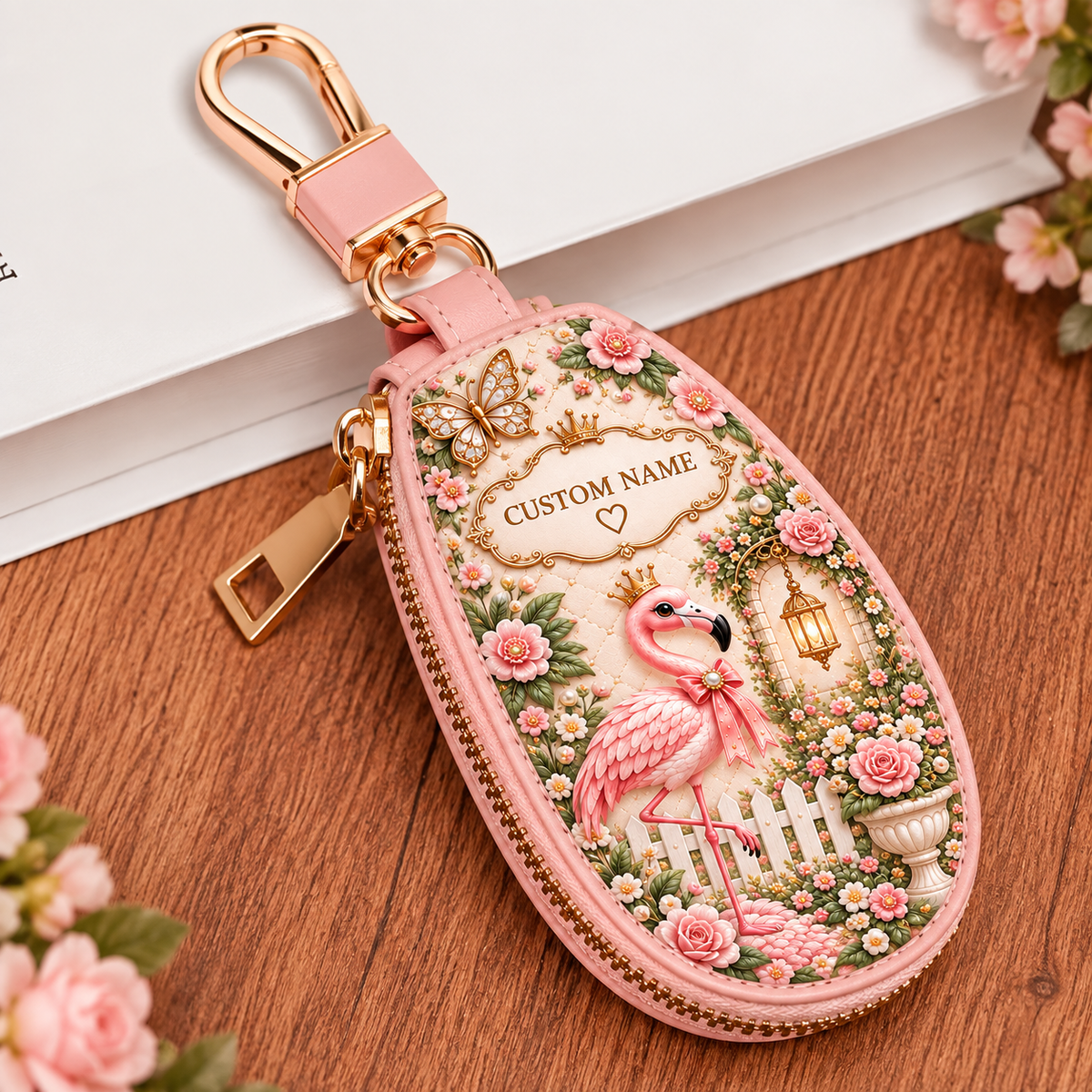 🌸🦩Personalized Floral Flamingo Leather Car Key Fob Cover