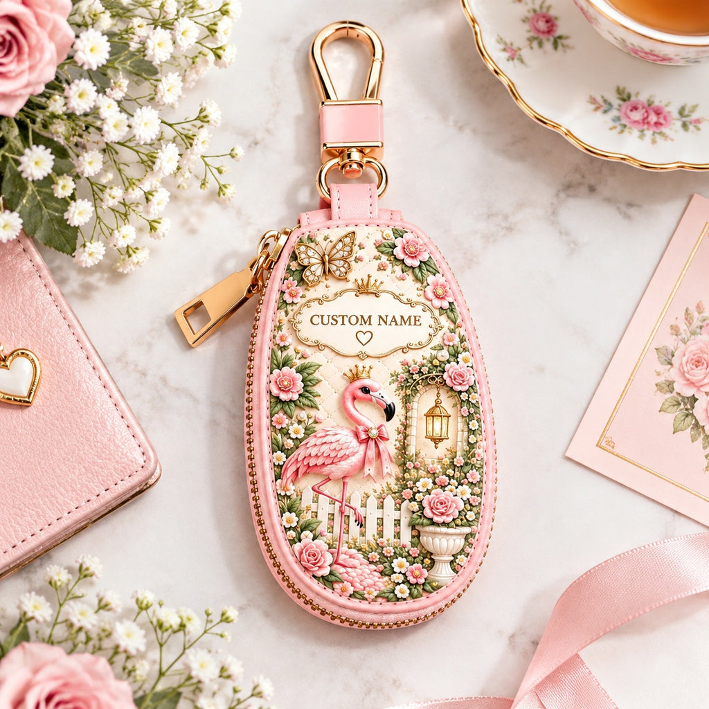 🌸🦩Personalized Floral Flamingo Leather Car Key Fob Cover
