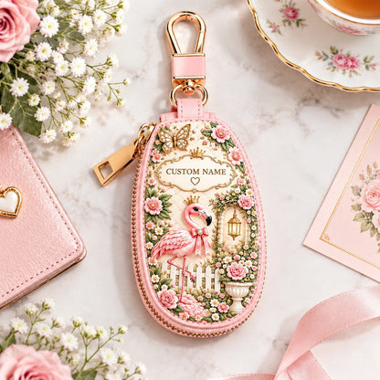 🌸🦩Personalized Floral Flamingo Leather Car Key Fob Cover