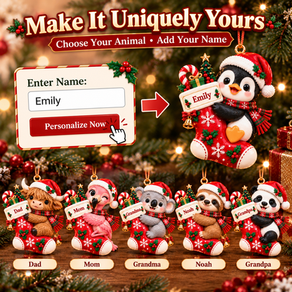 🎄 Personalized Christmas Stocking Animal Ornament