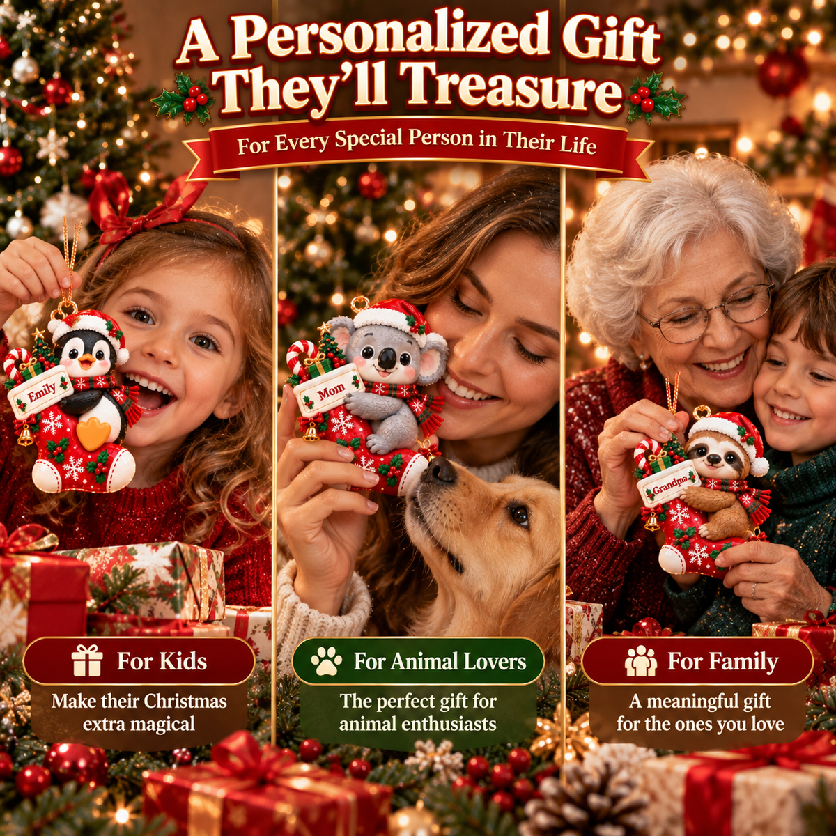 🎄 Personalized Christmas Stocking Animal Ornament