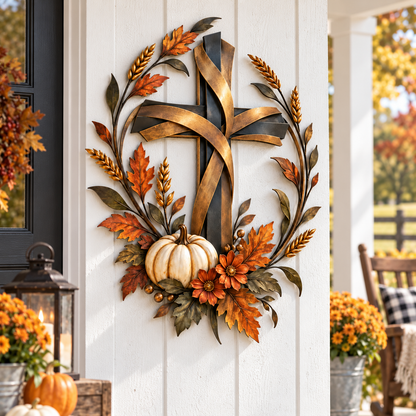 ✝️🎃 Autumn Cross & Pumpkin Harvest Metal Wall Decor