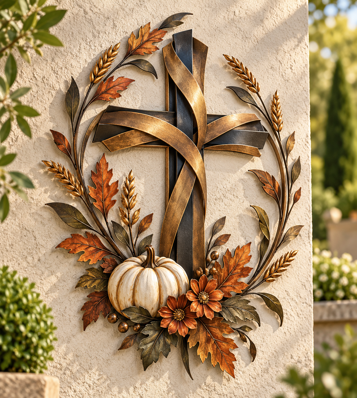 ✝️🎃 Autumn Cross & Pumpkin Harvest Metal Wall Decor
