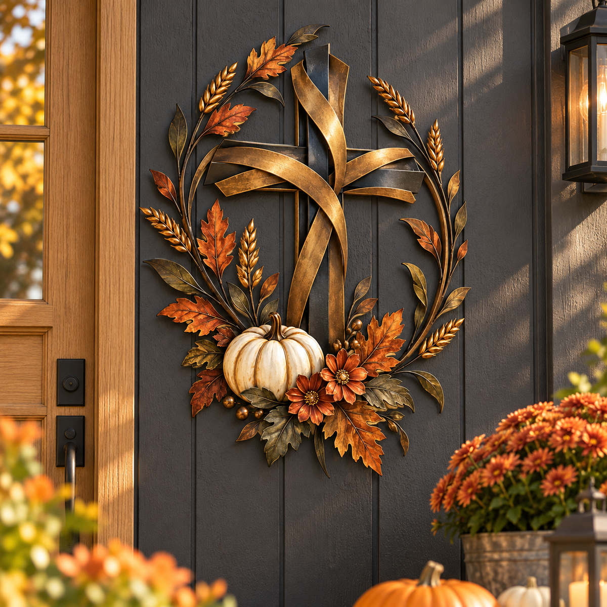 ✝️🎃 Autumn Cross & Pumpkin Harvest Metal Wall Decor