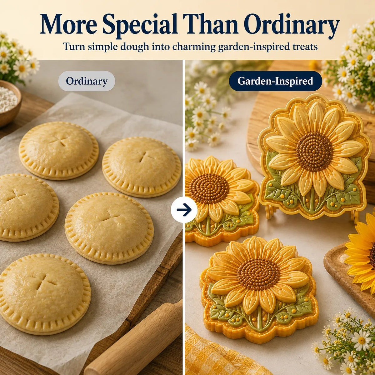🌸 8-Design Spring Garden Mini Pie Mold Collection – Reusable Embossed Molds for Shaping Detailed Bee, Butterfly, Ladybug, Sunflower, Cottage &amp; More 🥧✨