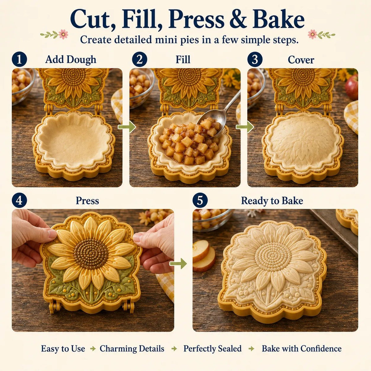 🌸 8-Design Spring Garden Mini Pie Mold Collection – Reusable Embossed Molds for Shaping Detailed Bee, Butterfly, Ladybug, Sunflower, Cottage &amp; More 🥧✨