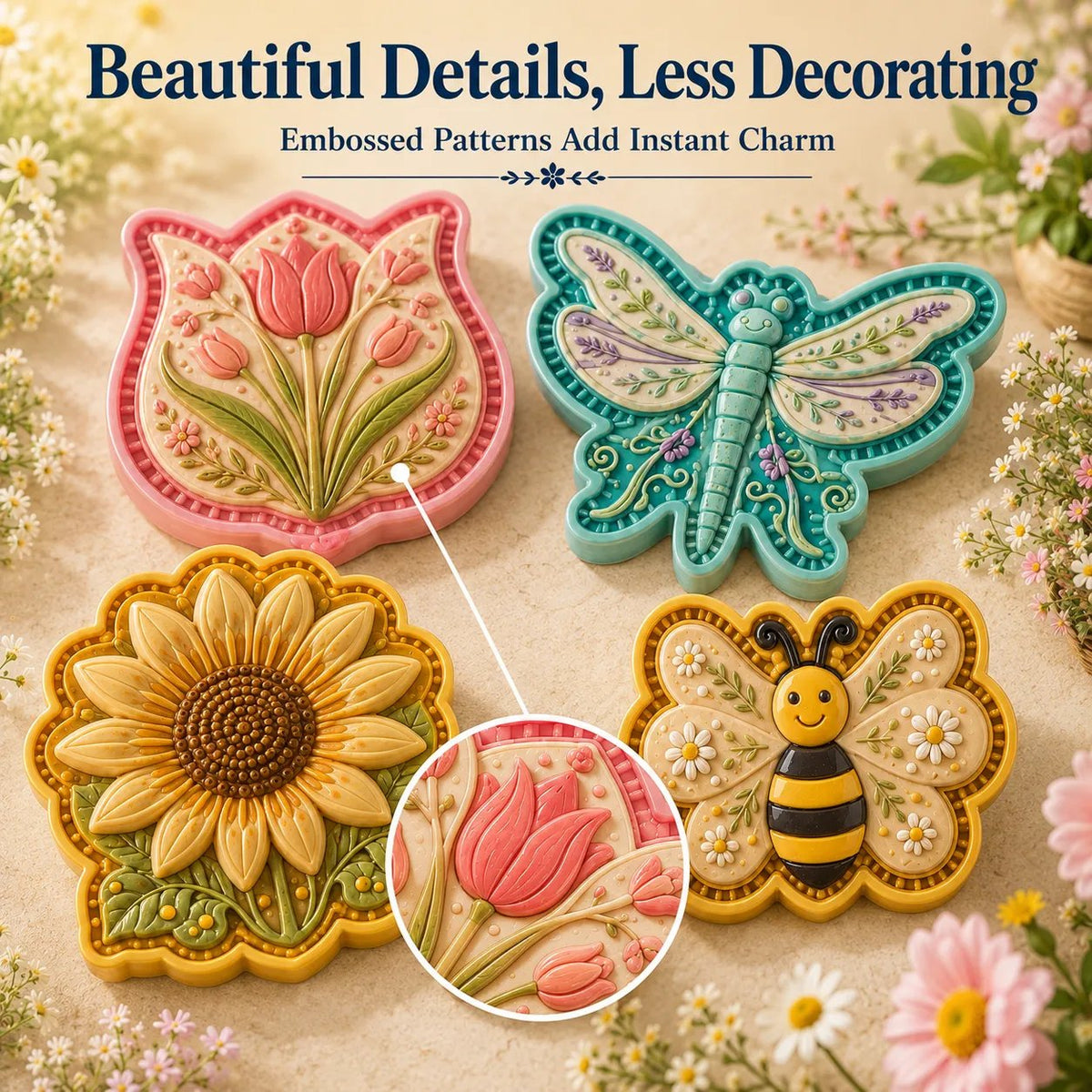 🌸 8-Design Spring Garden Mini Pie Mold Collection – Reusable Embossed Molds for Shaping Detailed Bee, Butterfly, Ladybug, Sunflower, Cottage &amp; More 🥧✨