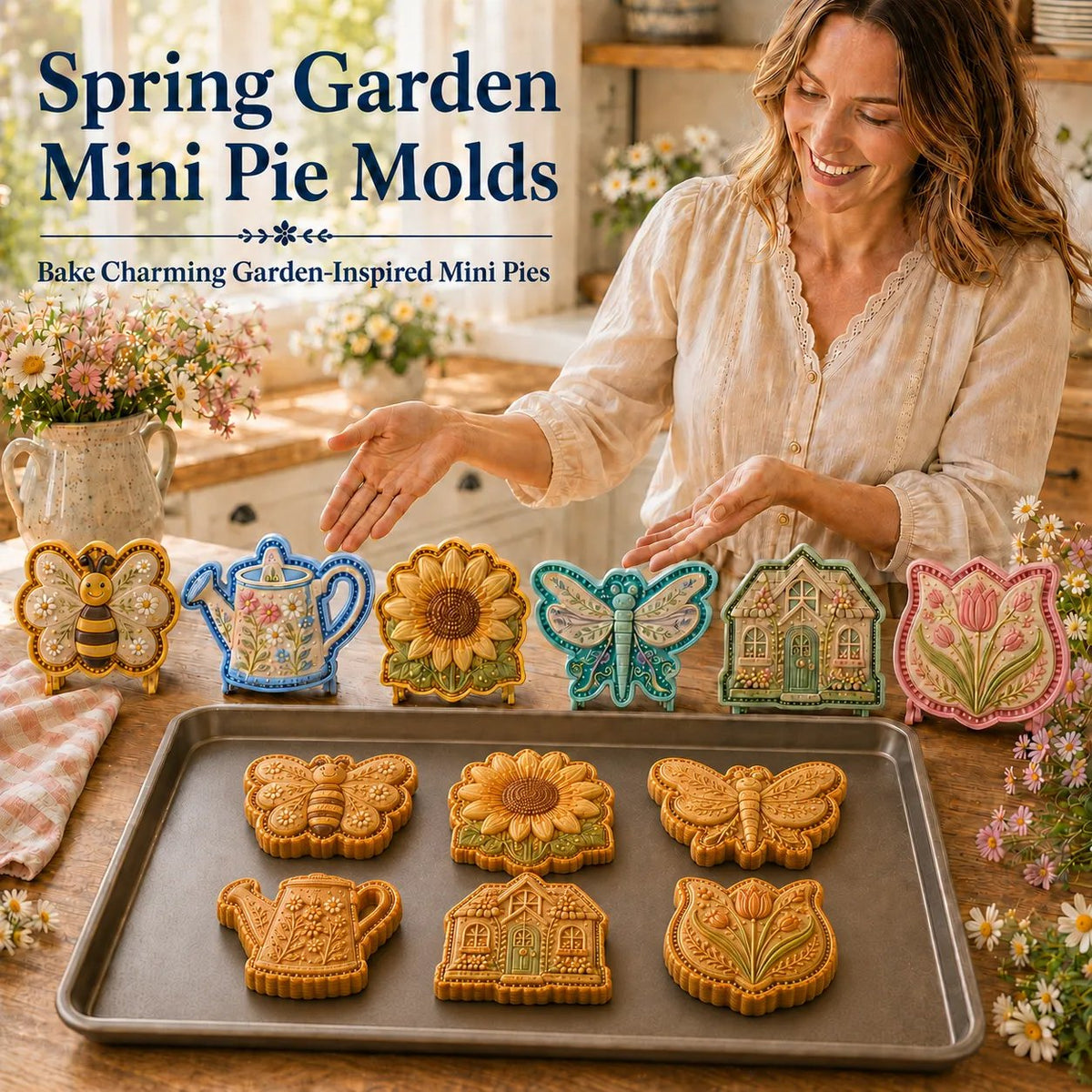 🌸 8-Design Spring Garden Mini Pie Mold Collection – Reusable Embossed Molds for Shaping Detailed Bee, Butterfly, Ladybug, Sunflower, Cottage &amp; More 🥧✨