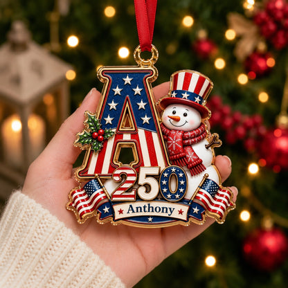 America 250 Personalized Snowman Letter Ornament – Custom Name Christmas Keepsake