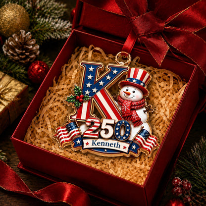 America 250 Personalized Snowman Letter Ornament – Custom Name Christmas Keepsake
