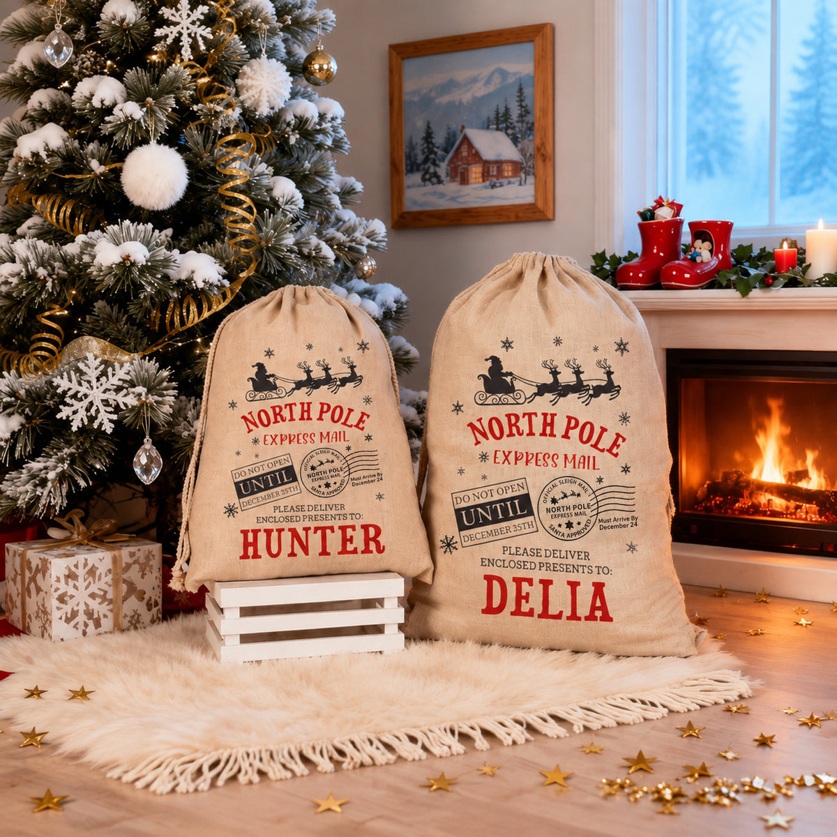 Personalized North Pole Express Mail Santa Sack – Custom Name Burlap Gift Bag