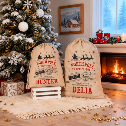Personalized North Pole Express Mail Santa Sack – Custom Name Burlap Gift Bag