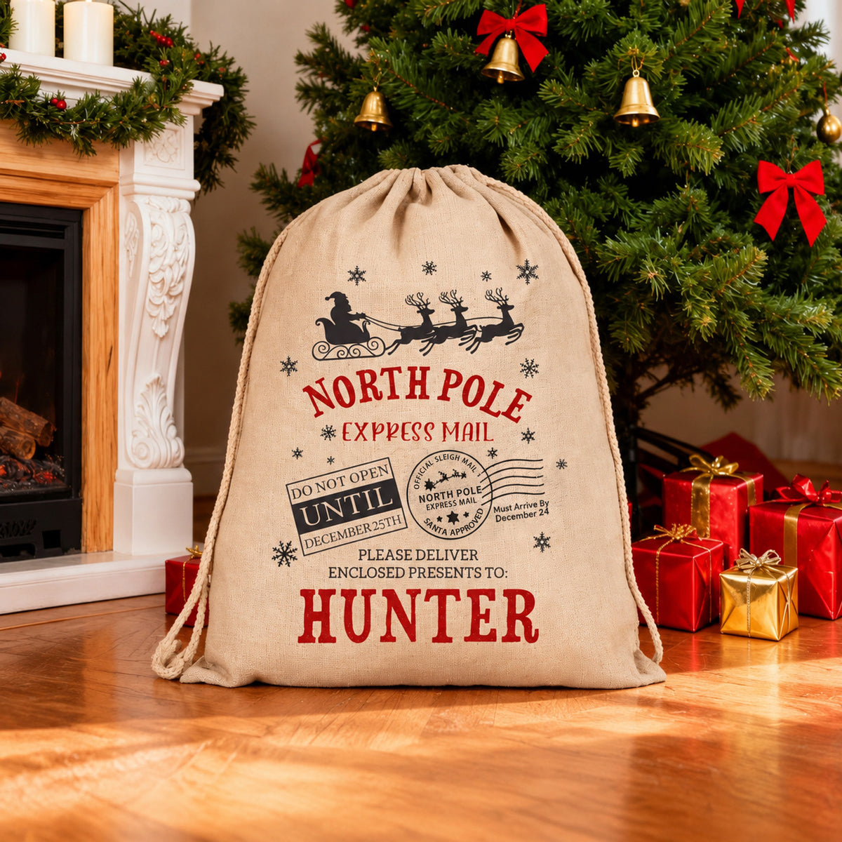 Personalized North Pole Express Mail Santa Sack – Custom Name Burlap Gift Bag