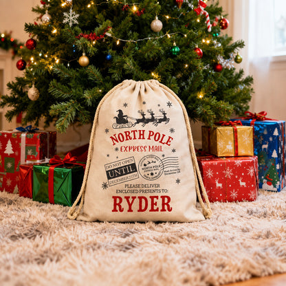 Personalized North Pole Express Mail Santa Sack – Custom Name Burlap Gift Bag