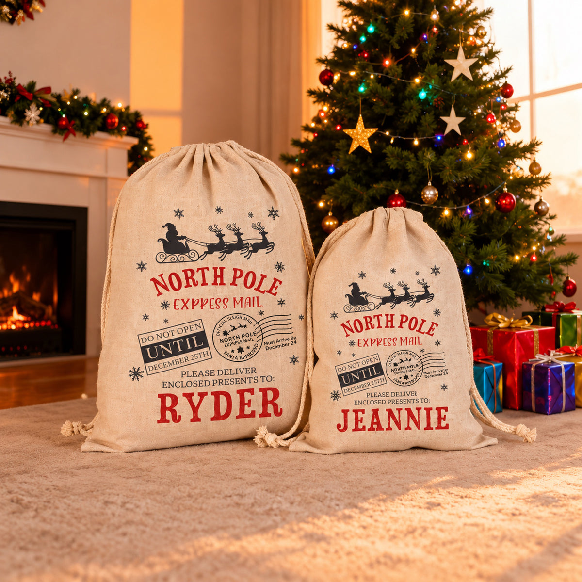 Personalized North Pole Express Mail Santa Sack – Custom Name Burlap Gift Bag