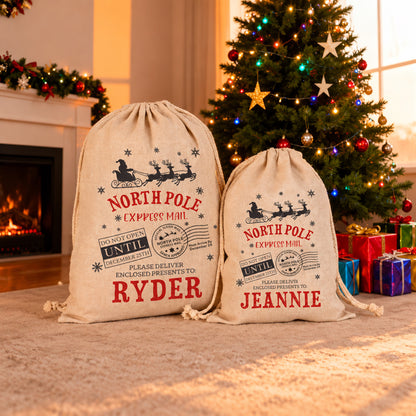 Personalized North Pole Express Mail Santa Sack – Custom Name Burlap Gift Bag