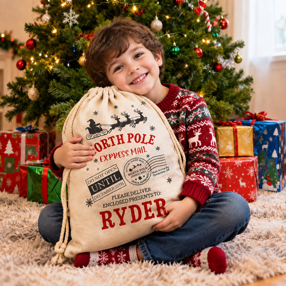 Personalized North Pole Express Mail Santa Sack – Custom Name Burlap Gift Bag
